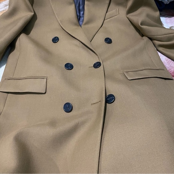 Theory Double Breasted Bonded Wool Blend Coat Tan Sz 12 - Picture 11 of 11